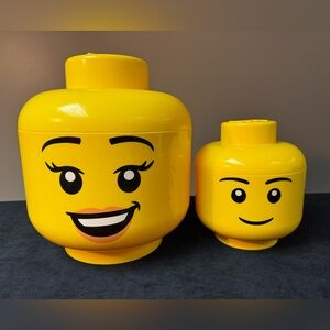 2 LEGO STORAGE HEADS Large Happy Girl & Small Boy